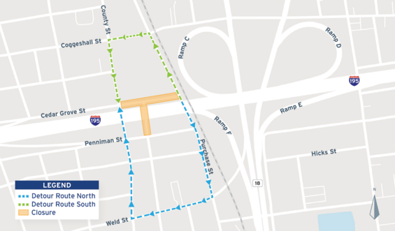 Traffic detours - Route I-195 to Route 18 interchange